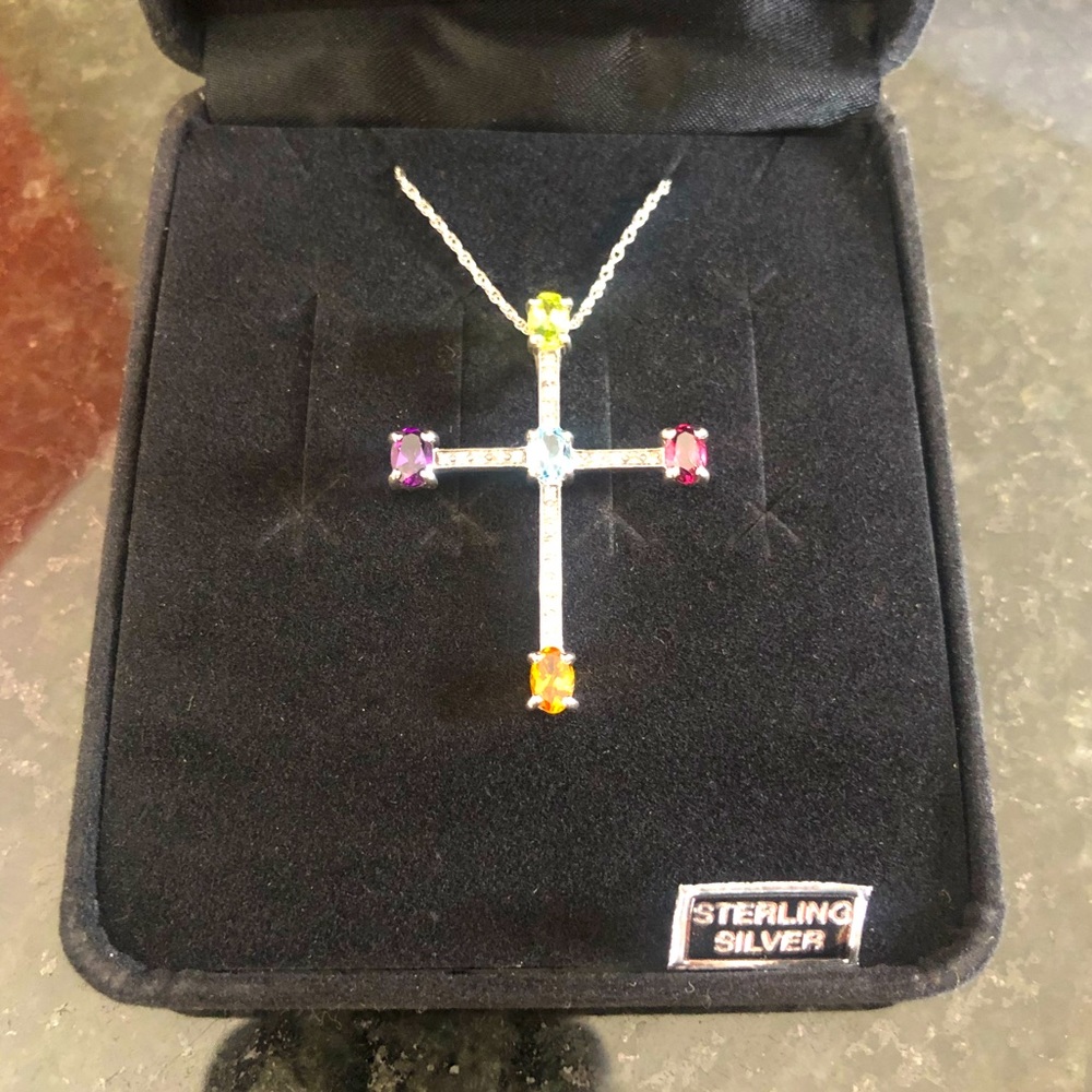 Multi-Gemstone Cross Pendant Necklace